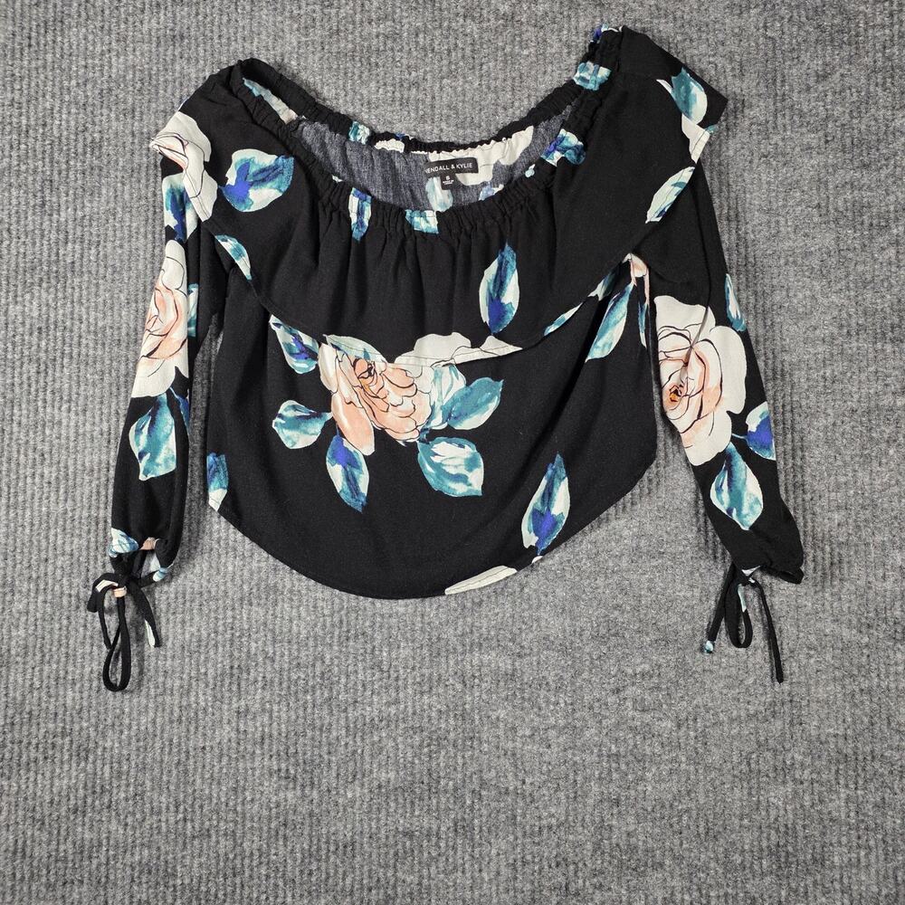 Kendall & Kylie Off Shoulder Floral Top Black Long Sleeve Size S